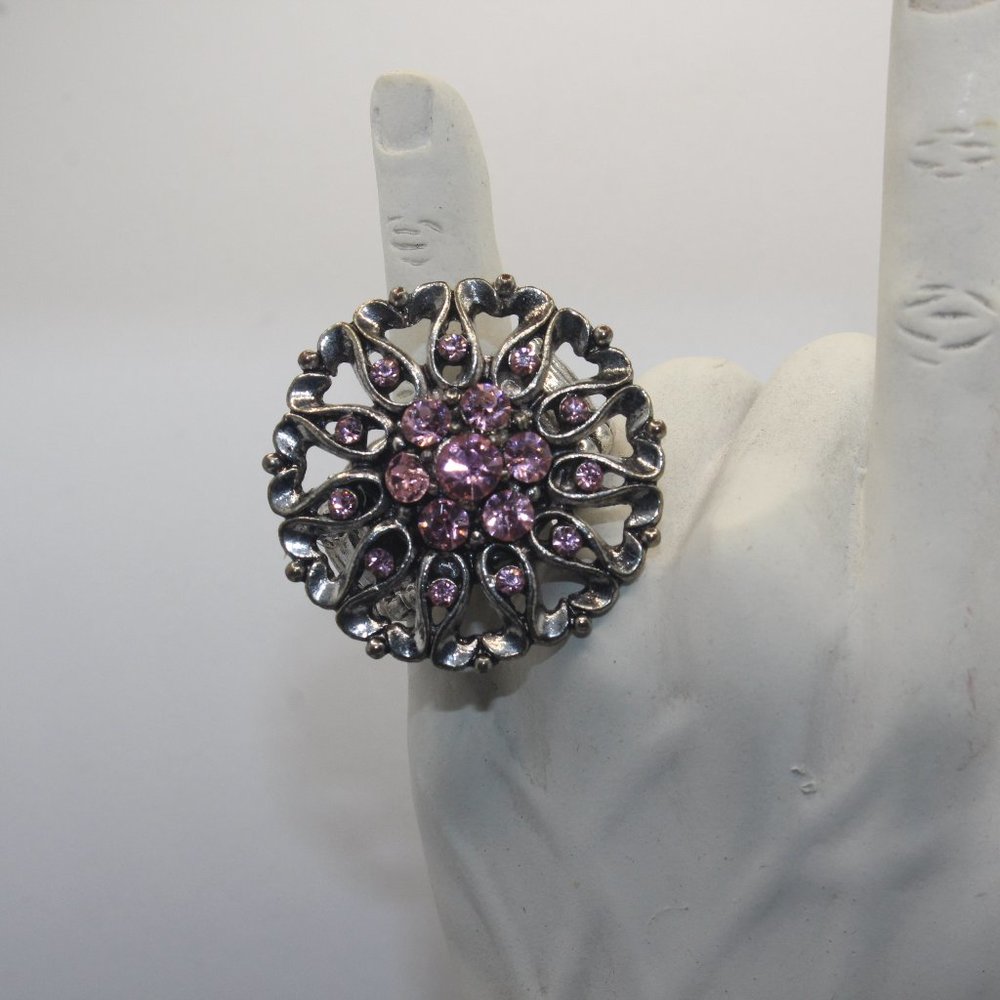 Pink Stone Silver Tone Expandable Ring